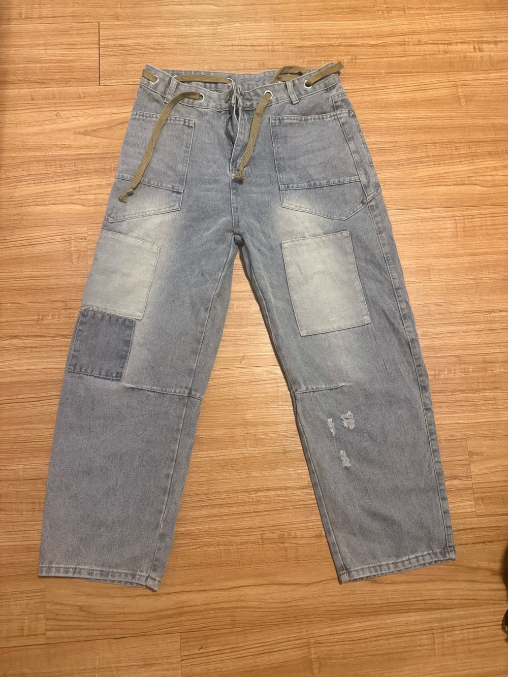 Mens Light Blue Patchwork Drawstring Jeans